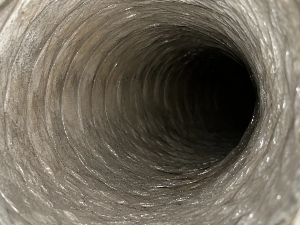 Air duct cleaning: view down a flexible duct interior with light dust film on the coiled walls