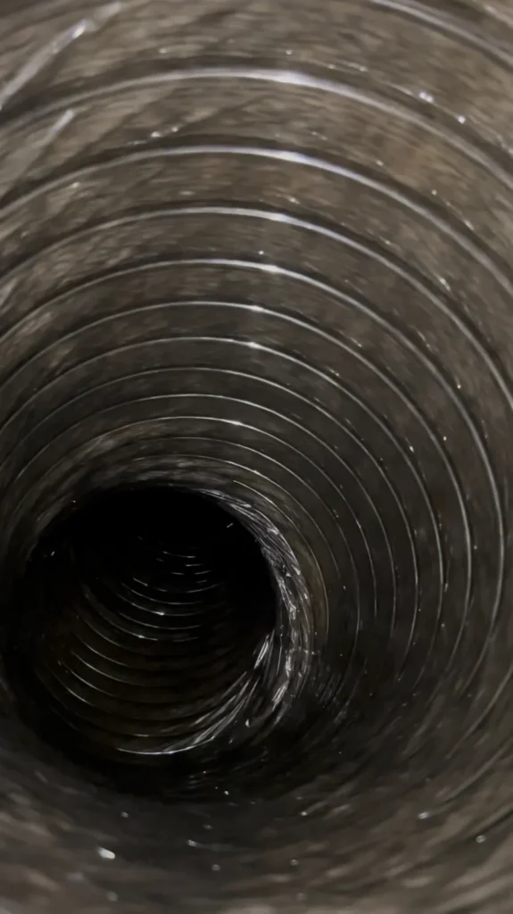 Air duct cleaning: interior of a dark, dusty flexible duct before cleaning, coils curving out of view