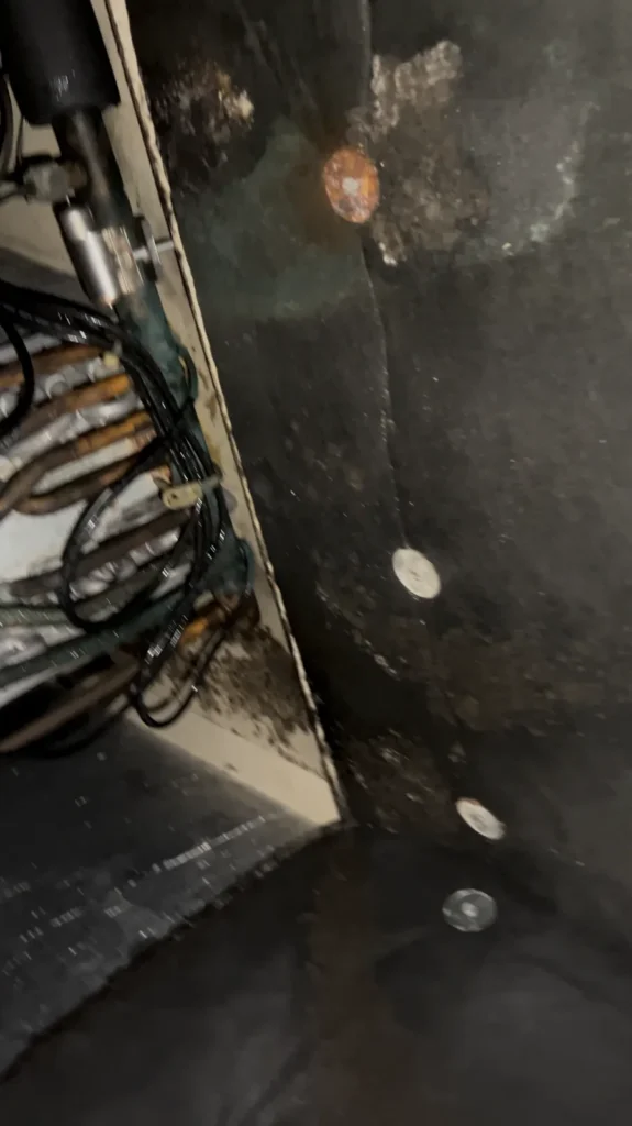 Air duct sanitizing: dark buildup inside an air handler cabinet next to the coil and lines
