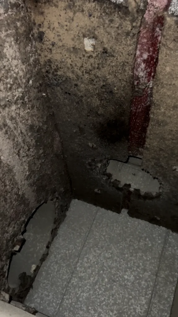 Heavy dust buildup on plenum walls next to a freshly exposed clean insulated surface