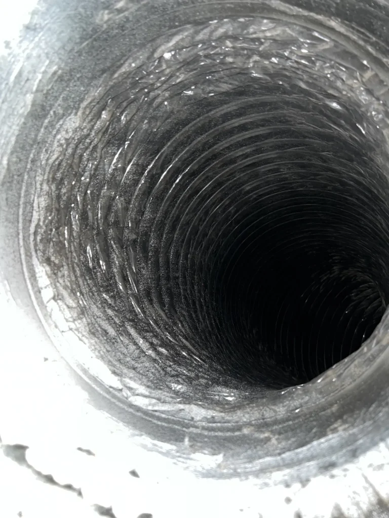Inside a round flex duct, dust-coated coils at the opening and a cleaner run beyond