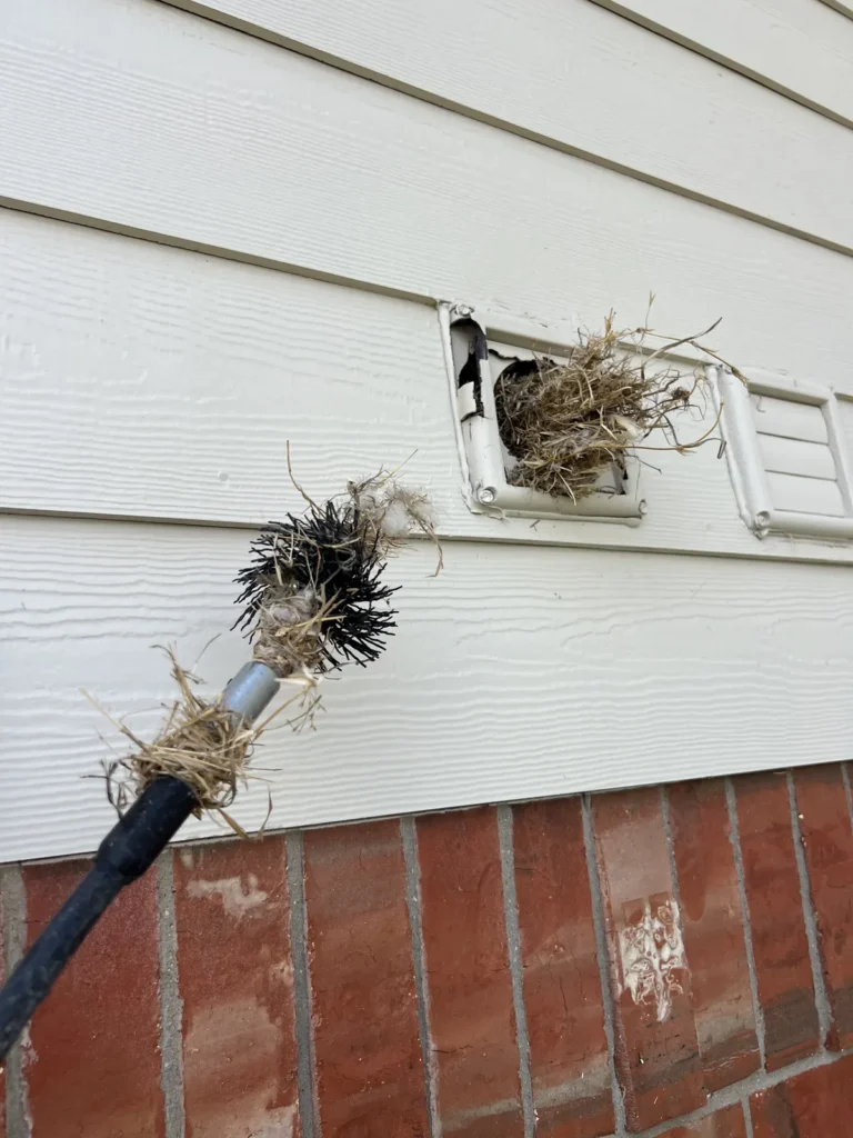 Dryer vent cleaning: brush head clearing built-up lint from the outside exhaust vent on siding
