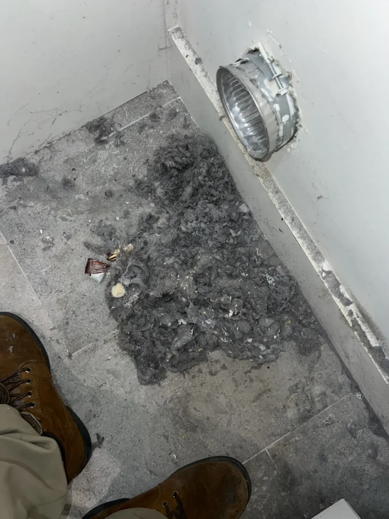 Dryer vent cleaning: heavy lint buildup removed from the wall duct onto the closet floor