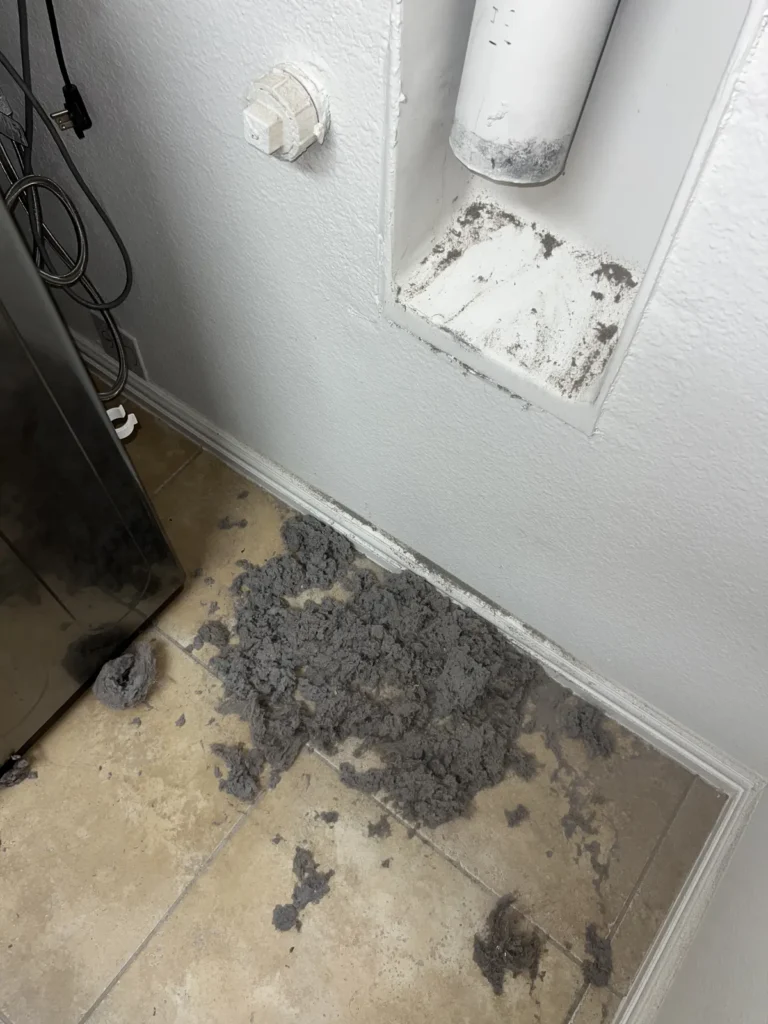 Dryer vent cleaning: lint removed from a wall vent opening, piled on the laundry room floor beside the dryer