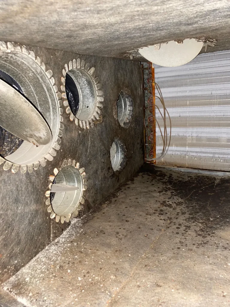 Plenum box repair: refreshed plenum interior with new collar openings beside the coil