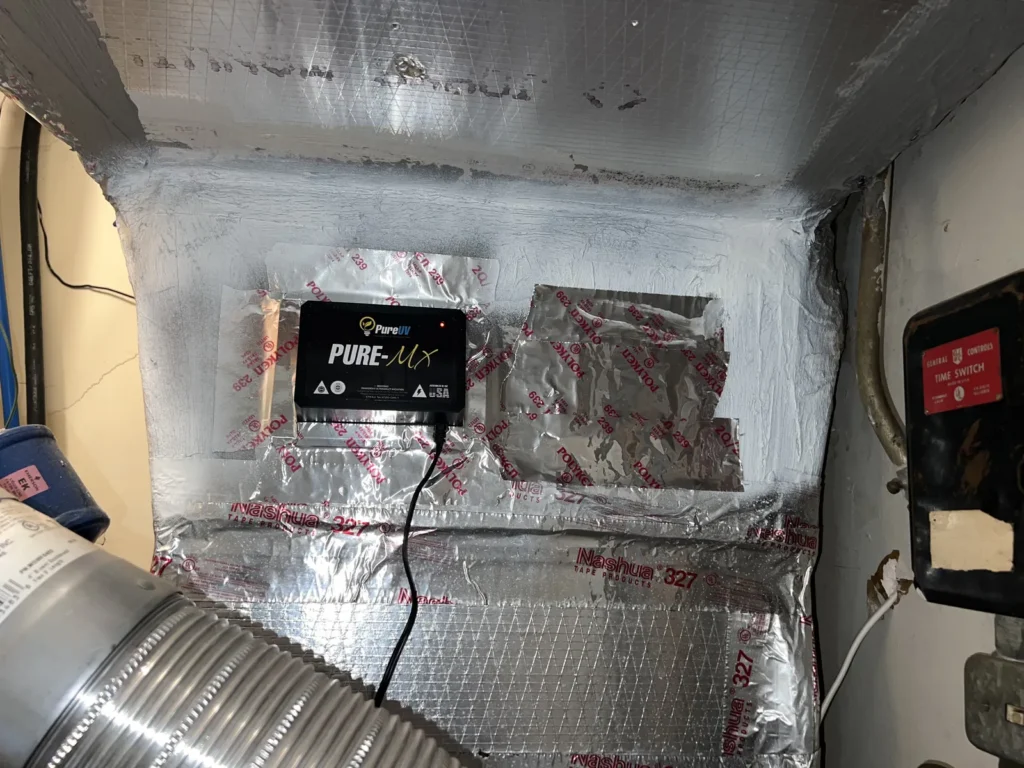 UV light installation: control unit wired and sealed into a foil-lined return plenum