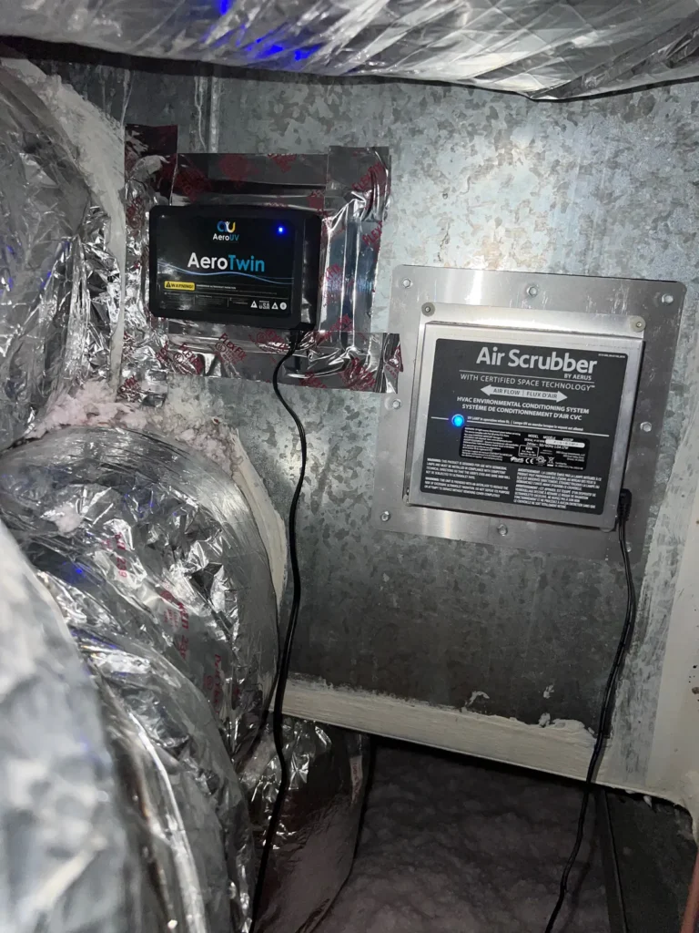 UV light installation: AeroTwin unit and an air scrubber cell mounted together at the air handler
